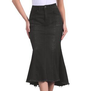 Washed Fishtail High Waist Jean Denim Fashion Casual Midi Skirt Black